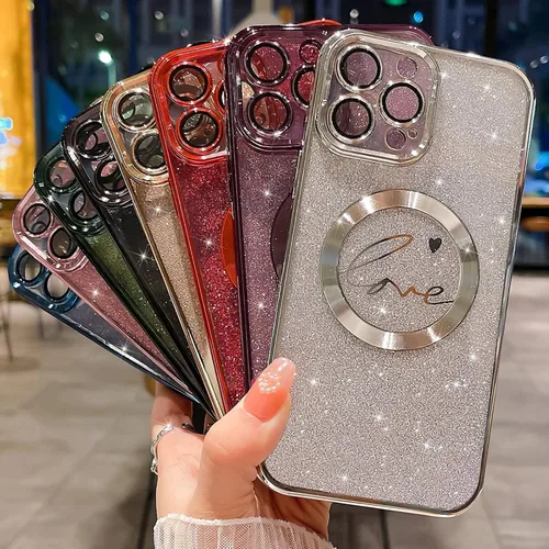 Vista 6 de Funda magnética con purpurina compatible con iPhone 11 Pro Max de 6.5 pulgadas, funda transparente de lujo, con diseño de corazón chapado en amor