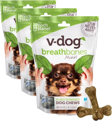 Vista 10 de V-dog Golosinas para perros – Limpieza de dientes veganos Breathbone Dental Huesos – Aliento fresco – 8 onzas – Minis – Todo natural, fabricado