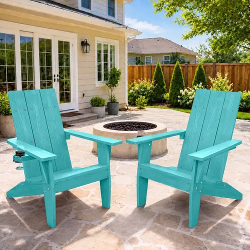 Vista 15 de MXIMU Silla Adirondack moderna resistente a la intemperie con portavasos, sillas de gran tamaño para hogueras Adorondic de plástico al aire libre