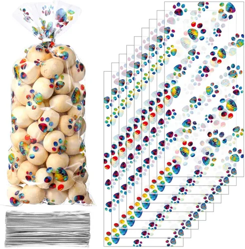 Vista 16 de Blulu 100 bolsas de golosinas para perros, recuerdos de fiesta para cachorros, bolsas de celofán con cono de pata de mascota, dulces sellables por