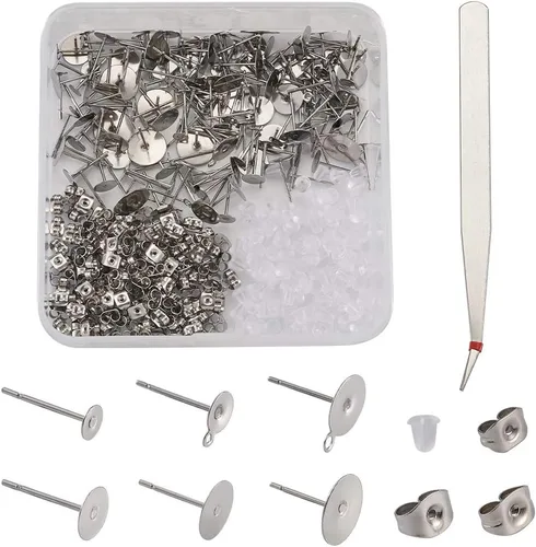 Vista 9 de Craftdady Juego de 60 aretes de acero inoxidable de 0.197 in, dorados, plateados, dorados, plateados, aretes en blanco, kit de fabricación