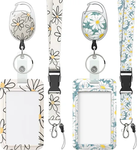 Vista 35 de Uniclife Porta credenciales deslizante floral con carrete retráctil y mosquetón con clip para cordón desmontable, protector de tarjeta vertical