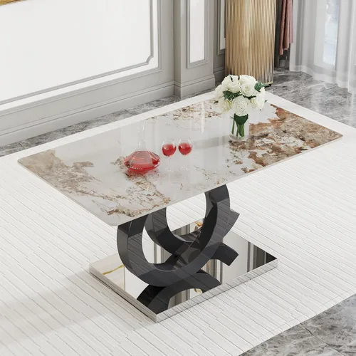 Vista 3 de Ebullient Mesa de comedor de mármol de 63 pulgadas, moderna mesa de cocina rectangular de vidrio, parte superior de mármol PDLB con base de diseño
