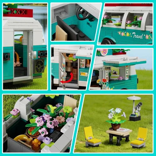 Vista 4 de Juego de bloques de construcción de coche floral, conjunto de construcción de furgoneta camper de la ciudad, colección botánica de flores