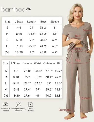 Vista 6 de LazyCozy Conjunto de pijama de manga corta para mujer, viscosa hecha de bambú, conjunto de pijama de 2 piezas para descansar