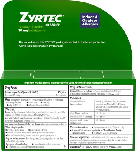 Vista 8 de Zyrtec Tabletas para aliviar la alergia las 24 horas, medicina de acción rápida para alergias en interiores y exteriores, cetirizina 10 mg
