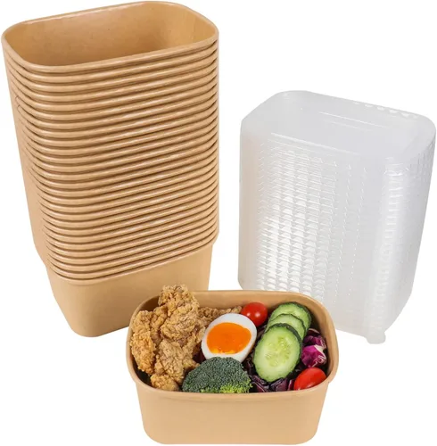 Vista 7 de Cuencos de papel kraft desechables de 17 onzas con tapas, recipientes rectangulares para alimentos, cuencos de sopa, suministros de fiesta, cuencos