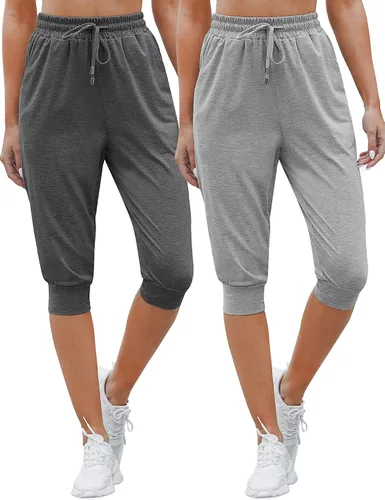 Vista 2 de Syhood Paquete de 2 pantalones deportivos capri para mujer, con cordón, pantalones capri casuales recortados con bolsillos
