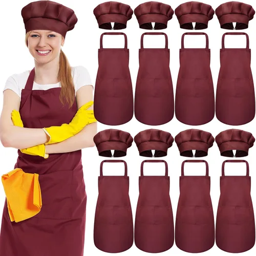 Vista 8 de SATINIOR Juego de 8 delantales de chef, sombrero de chef ajustable y delantal con bolsillos para adultos, mujeres y hombres cocineros