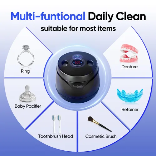 Vista 8 de MySmile Máquina limpiadora ultrasónica dental, limpiador dental de 45 kHz con capacidad de 6.8 fl oz para alineador, aparatos ortopédicos, protector