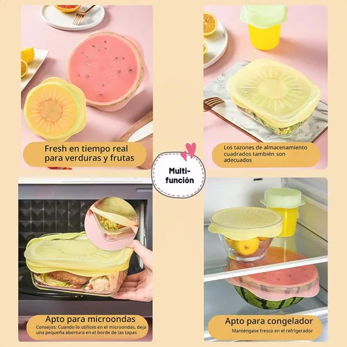 Vista 6 de Juego de tapas elásticas de silicona para almacenamiento de alimentos, diseño de frutas, fundas de silicona reutilizables de grado alimenticio