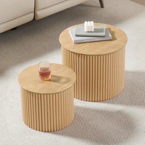 Vista 12 de Juego de 2 mesas de centro pequeñas anidables y redondeadas de madera, mesa de café redonda de estilo moderno de mediados de siglo, mesa auxiliar