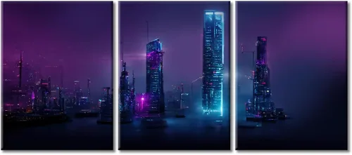 Vista 22 de Arte de pared de 3 piezas de escena de ciencia ficción de la calle comercial futurista paisaje urbano, decoración de pared para dormitorio