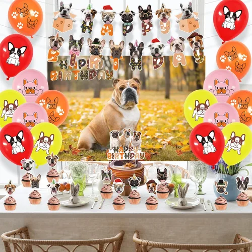 Vista 8 de Decoraciones de fiesta de bulldog francés, recuerdos de fiesta, incluye fondo de 3.2 x 4.9 pies, lindo cartel temático de bulldog inglés francés