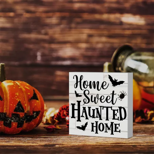 Vista 5 de Rustic Home Sweet Haunted Home - Letrero de madera de Halloween, lindo letrero de otoño, decoración de casa de campo, caja de madera decorativa