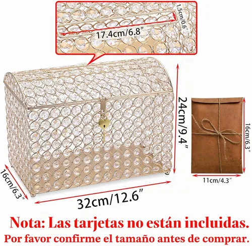 Vista 2 de ELLDOO Caja de tarjetas de boda de cristal con cierre de corazón, 12.6 x 6.3 x 9.4 pulgadas, caja de tarjetas de dinero estilo cofre del tesoro