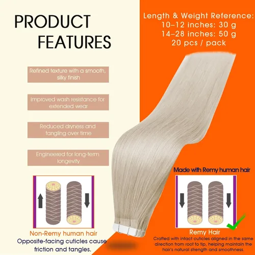 Vista 2 de Full Shine - Extensiones de cabello humano con cinta adhesiva invisible, 10 pulgadas, color liso rubio platinado 60, cabello lacio con cinta