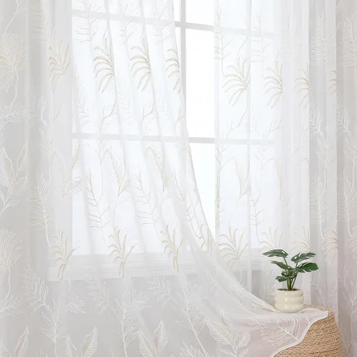 Vista 25 de VISIONTEX 2 paneles de cortinas traslúcidas de 63 in de largo, cortinas de gasa semitransparentes bordadas con hojas florales beige, bolsillo
