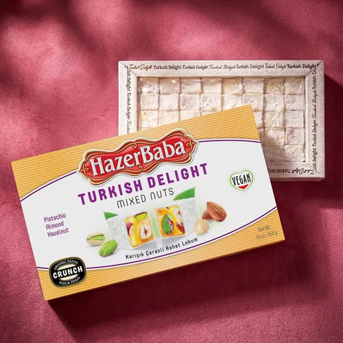 Vista 9 de Hazer Baba Delicias Turcas, Caja de bocadillos gourmet con nueces mixtas y sabor a vainilla, bocadillo tradicional vegano, Lokum turco, dulces