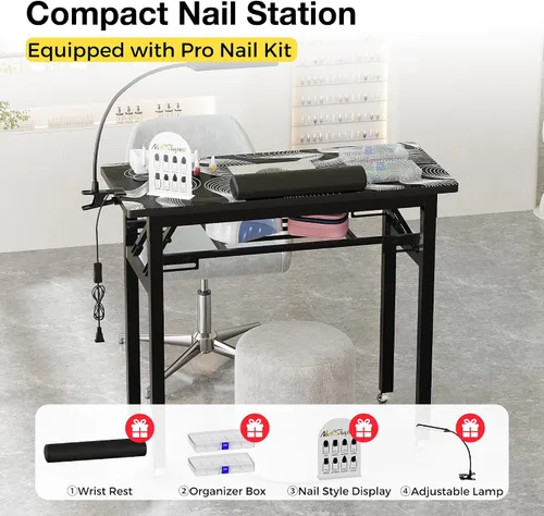 Vista 4 de Mesa de manicura plegable portátil con colector de polvo, escritorio de tecnología de uñas rodante con lámpara LED, reposamuñecas, ruedas