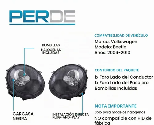 Vista 6 de PERDE Juego de faros delanteros halógenos color negro para Volkswagen VW Beetle.