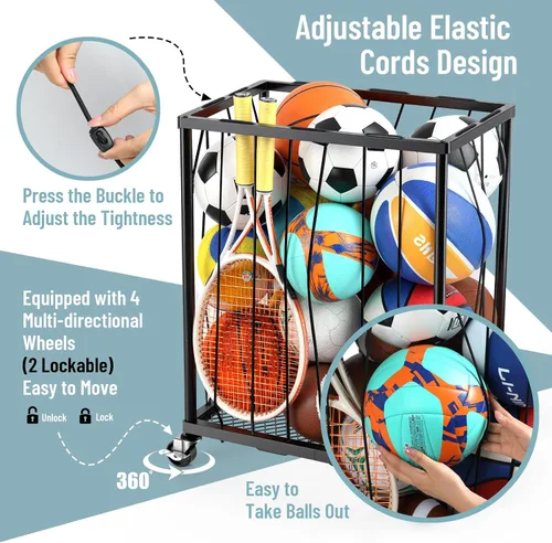 Vista 3 de TomCare Estante de almacenamiento rodante para pelotas de garaje, soporte de baloncesto de gran capacidad con cuerda elástica