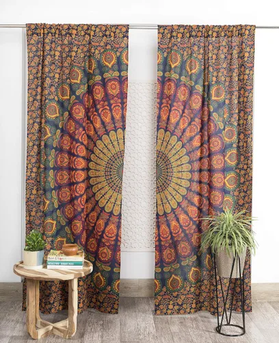 Vista 13 de Popular Handicrafts - Paneles de cortina estilo Indio Hippie Bohemio Hermosa Mandala Multicolor Azul Pavo Real