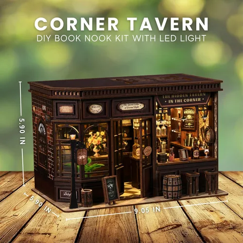Vista 5 de Kit de rincón de libro de bricolaje con luz LED rompecabezas de madera 3D (taberna de esquina)