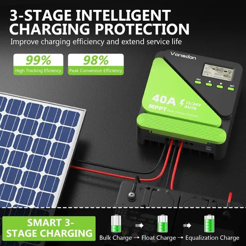Vista 2 de Vansdon Controlador de carga solar de 40 A, controlador de carga solar MPPT de 12 V/24 V, LCD ajustable con temporizador, puertos USB duales
