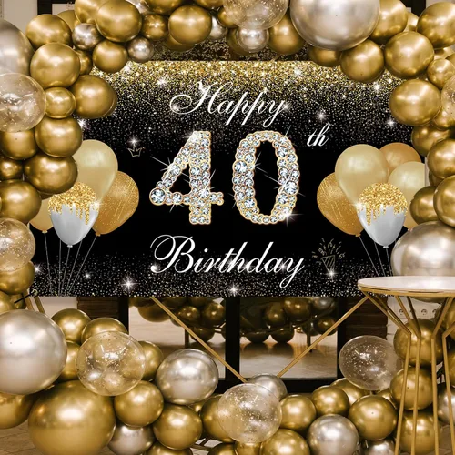 Vista 6 de Decoraciones de feliz cumpleaños 40 para hombres y mujeres, pancarta de fondo de cumpleaños número 40 negro y dorado, cartel de patio, accesorios