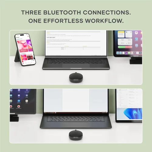 Vista 3 de Satechi OntheGo Mouse Bluetooth con batería recargable USB C, conecta hasta 3 dispositivos, mouse inalámbrico compacto y portátil para laptop, Negro