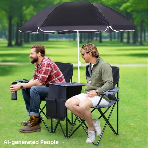 Vista 2 de Double Camping Chair with Canopy, with Cup Holder and Side Storage Pockets, for Beach, Camping and Fishing (Black)