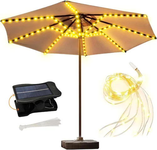 Vista 9 de luces de sombrilla solar, 8 hebras de luces de sombrilla para patio al aire libre con 8 modos, panel solar de 3V, clip con 112 LED, luces al aire