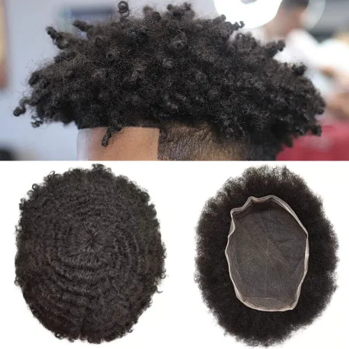 Vista 20 de Afro Toupee Hair Piece para hombres negros Encaje suizo completo Afro Hombres Toupee cabello humano rizado hombres onda unidades de cabello