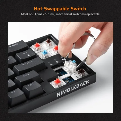 Vista 4 de LTC NB681 Nimbleback - Teclado mecánico con cable al 65%, retroiluminado RGB ultracompacto de 68 teclas para juegos con interruptor intercambiable