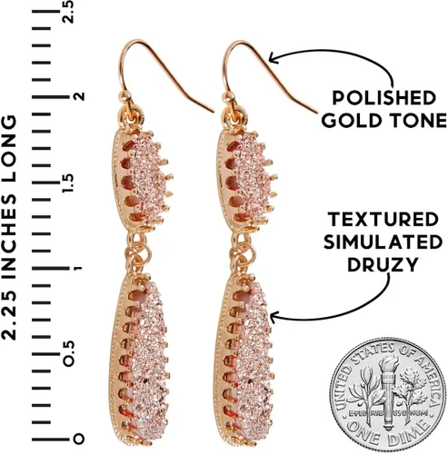Vista 4 de Humble Chic Aretes largos de gota colgante de imitación, aretes femeninos de doble lágrima con purpurina bohemia, dijes bohemios de piedra de geoda