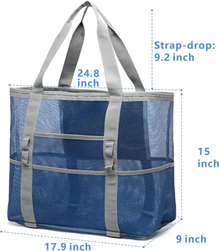 Vista 6 de F-color Bolsa de playa, bolsa de playa de malla de gran tamaño, 9 bolsillos, bolsa de toalla de playa