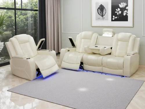 Vista 94 de Juego de sofá reclinable eléctrico, seccional de cuero transpirable beige, juego de muebles de sala de estar, 2 piezas, sofá reclinable eléctrico