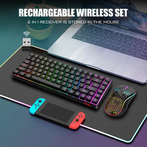 Vista 2 de RedThunder Combo de teclado y mouse inalámbricos K84, batería recargable retroiluminada arco iris, 75% de diseño TKL Ultra Compact Teclado