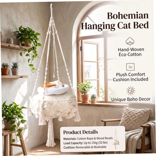 Vista 2 de Beige Breathable Boho Hanging Cat Hammock, Cat Swing Bed, Soft Indoor Hanging Bed, Cozy Pet Swing, Hammock, Relaxing Furniture