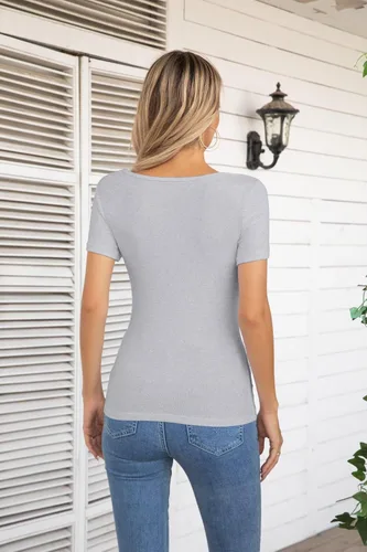 Vista 4 de VICHYIE Camisas de verano para mujer, cuello redondo, manga corta, acanaladas, ajustadas, casuales, básicas
