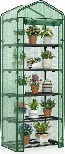 Vista 10 de Giantex Mini invernadero para interiores y exteriores, 27 x 19 x 75 pulgadas, casa portátil de cultivo de plantas con estantes de 5 niveles