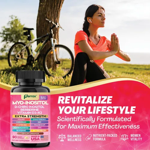 Vista 6 de Suplemento de Myo Inositol, D-Chiro Inositol, Folato, DIM, Vitamina D3, B12, K2, Cromo, Bioperina, Canela de Ceilán, Zinc, Ashwagandha, Agracejo