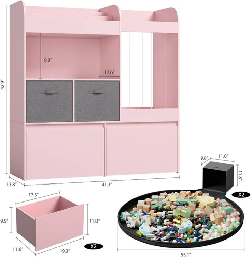 Vista 2 de Almacenamiento de animales de peluche de 42.9 pulgadas con estantería para niños, almacenamiento grande de juguetes con baúl de juguetes y tapete