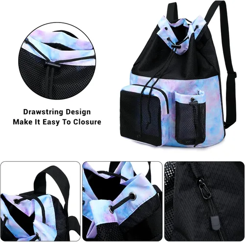 Vista 6 de Lohol Mochila grande de malla con cordón y bolsa para zapatos, saco de natación duradero con asa para deportes, gimnasio, yoga, playa, viajes