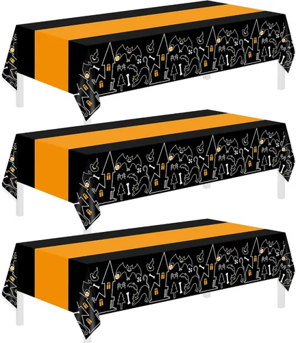 Vista 17 de Childom Paquete de 3 manteles de plástico para mesas rectangulares de 54 x 108 pulgadas, manteles desechables negros para mesas de 6 a 8 pies