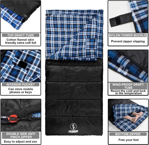 Vista 6 de Cotton Flannel Sleeping Bag for Adults, Camping Sleeping Bag
