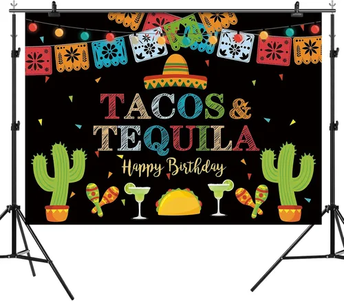 Vista 3 de Telón de fondo de fiesta mexicana de feliz cumpleaños, tacos y tequila, luces coloridas, fondo de fondo de cinco de mayo para fotos, fiesta