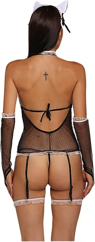 Vista 8 de Women Lingerie Corset Set 2 Piece Sexy Lace Bodysuit Black Polka Dot Teddy Babydoll Boudoir Outfits Bustier with Garter Belt