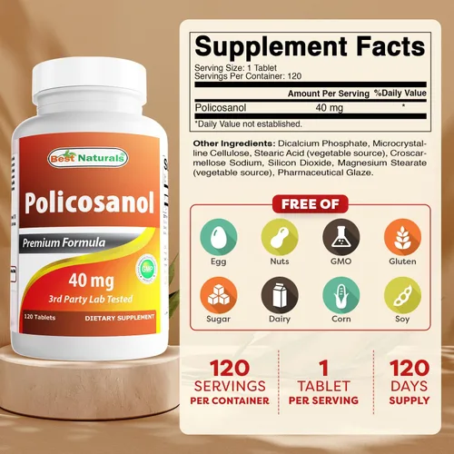 Vista 2 de Best Naturals Policosanol 40mg 120 Tabletas - Promueve la función cardiovascular saludable*